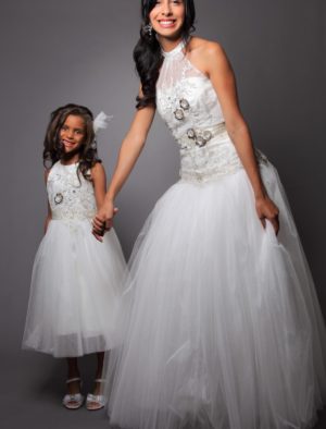 Fanciful Alter top, lace and tule skirt with corcet bodice (matching flower girl)