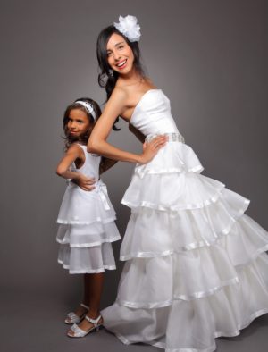 Happy Tiers strapless satin organza dress with chaple train (flower girl match)